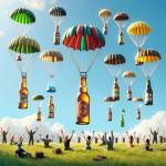 DALL·E 2023-11-21 08.52.40 - Parachuting beers in a whimsical scene. Imagine several bottles of beer, each equipped with a tiny parachute, descending from a clear blue sky. Below,.png